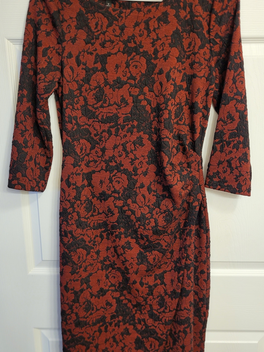 Talbots Red & Black Floral Faux Wrap Dress 3/4 Length Sleeves Sz. Sm.